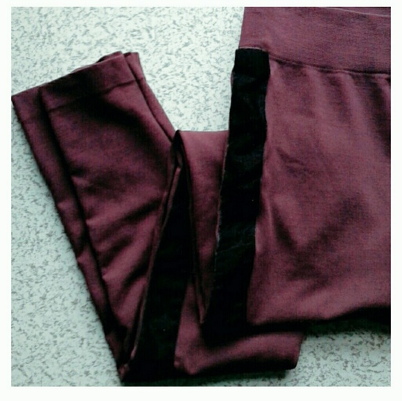 Pants - Dark purple leggings w/ black velvet side stripes